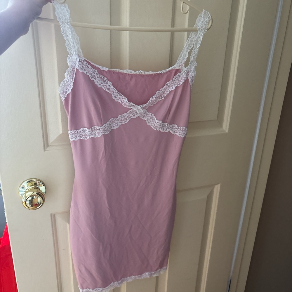Amazon Pink Lace Accent Mini Dress